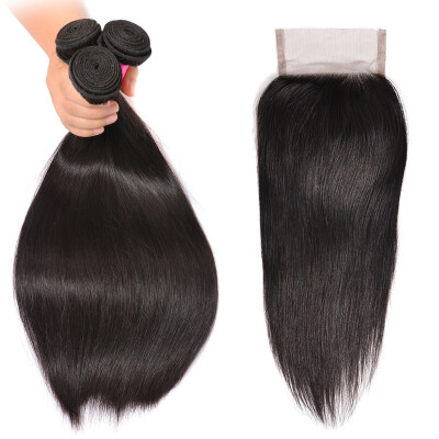 

BHF Hair 100 Remy Hair Bundles With Closure Straight Brazilian Virgin Hair 4 PcsLot Natural Black