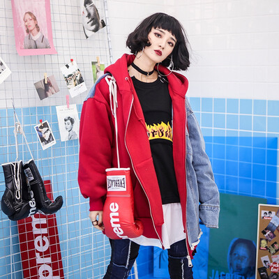 

2018 Spring New Hit Color Denim Jacket Hooded Female Bf Style Loose Jacket Hip Hop Coat