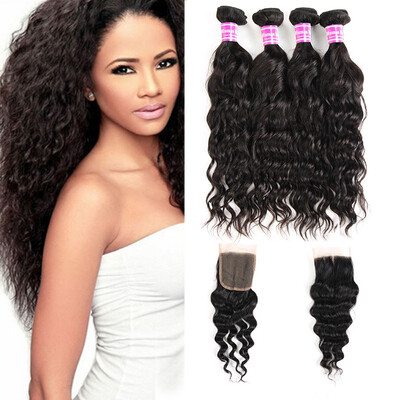 

Glary Malaysian Virgin Hair with Closure Natural Wave Hair Weaves 100 Unprocessed Human Hair 4 Bundles with Closure Natural Black