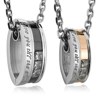 

Hpolw MenWomens "Love you till the end" 2PCS Stainless Steel Pendant Necklace CZ Silver Gold Black Valentines Couples His