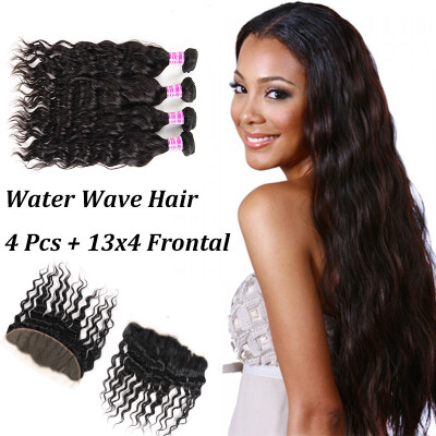 

Glary Ear to Ear Lace Frontal With Bundles 4 Bundles Cheap Brazilian Virgin Human Hair Water Wave With Frontal Natural Black