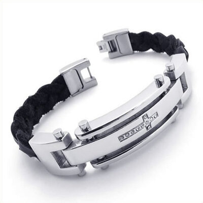

Hpolw Mens silver&black Stainless Steel Leather&Bolt buttoned Cross crystal Bracelet