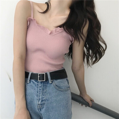 

Women Korea Style Casual Spring Summer Sleeveless Knitted Shirt Vest Pullover Bodycon Cotton Short Tank Tops