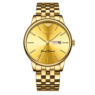 

Korean version of the gold double calendar solid steel belt watch butterfly snap depth waterproof mens watch