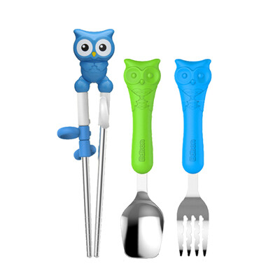 

Korea Edison Owl Series Childrens Cutlery Set Baby Chopsticks Stainless Steel Fork Spoon Child Chopsticks Spoon Fork Three-Piece Set 3 Years Old Green Blue