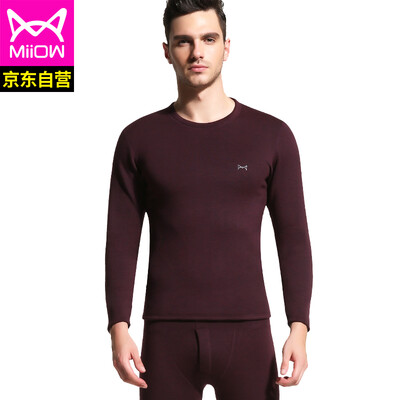 

Cat people thermal underwear men plus velvet thickening youth round neck autumn clothing long pants thick section bottoming warm set SQF206001 wine red round neck 17095