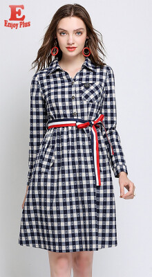 

L XL XXL 3XL 4XL 5XL plus size casual new autumn 2018 women plaid dress long sleeve big size blue loose with belt knee length OL