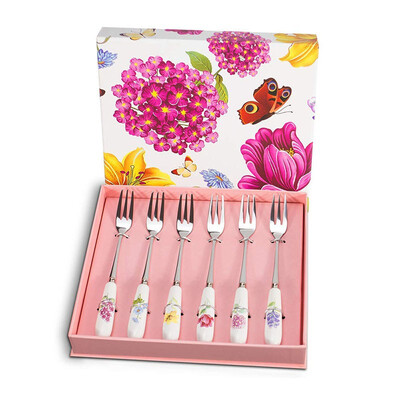 

6 PCS Stainless Steel Dessert Forks Set Silverware Herb Garden Ceramic Salad Flatware Set Cutlery Set Cake Fruit Forks for Party