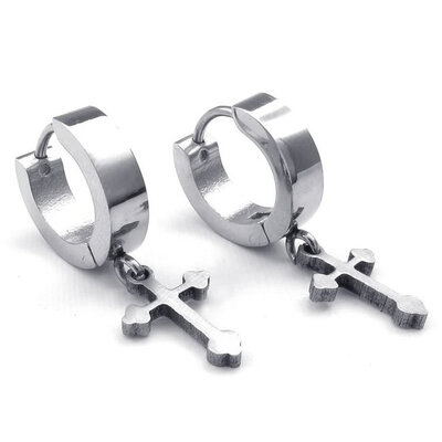 

Hpolw Mens Womens Stainless Steel Cross Huggie Hinged Hoop Earrings, Silver