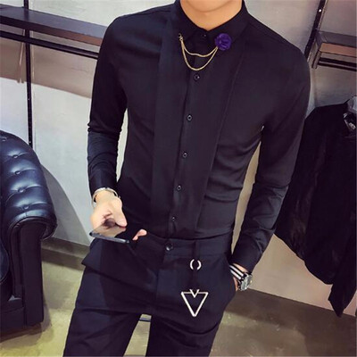 

High Quality Tuxedo Shirt Men Slim Fit Long Sleeve Solid Social Party Dress Shirts Night Club Casual Blouses Homme Hot Sale 2XL