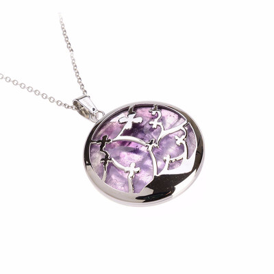 

Round Plum Branch Purple Quartz Crystal Pendant Stainless Steel Necklaces 17"