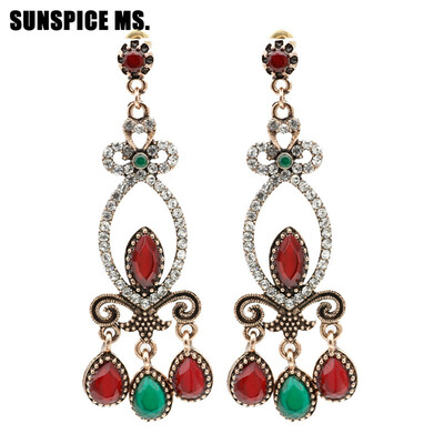 

Turkish Women Vintage Long Dangle Earring WaterDrop Resin Hollow Round Rhinestone Retro Love Earring Ethnic Boho Wedding Jewelry