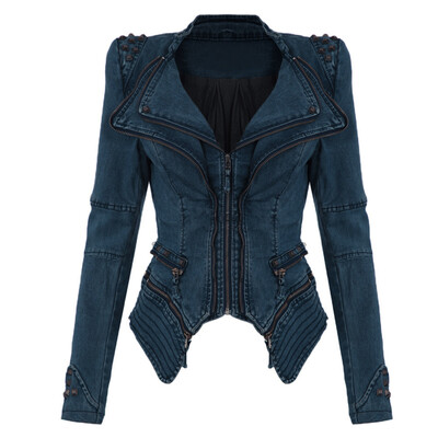

Fashion Women Vintage Denim Jeans Jacket Punk Rivet Studded Shrug Shoulder Notched Lapel Coat