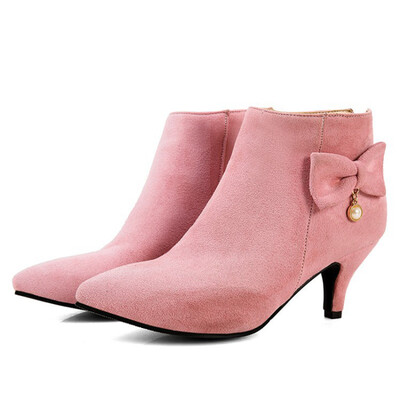 

IDIFU Womens Elegant Faux Suede Bowknot Pointed Toe Bridal Booties Back Zipper Kitten Heel Ankle Boots Shoes