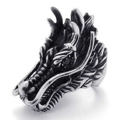 

Hpolw Fashion dragon head mens rings punk rock style black stone mens rings stainless steel rings jewelry