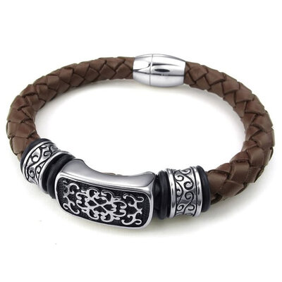 

Hpolw Mens Leather Stainless Steel Bracelet, Braided Charms Cuff Bangle, Magnetic Clasp, Brown