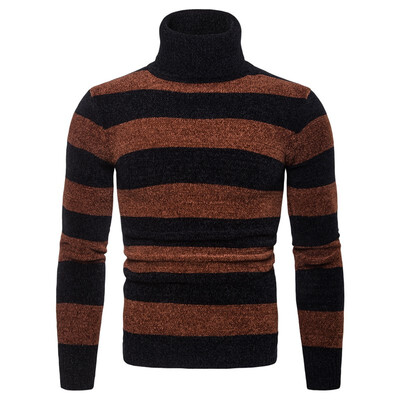 

AOWOFS new mens high lapel pullover slim sweater foreign trade striped knit bottoming shirt YM008