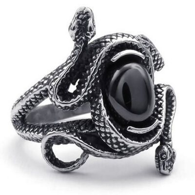 

Hpolw Vintage Stainless Steel Double Snake Band Biker Men's Ring, Black Silver