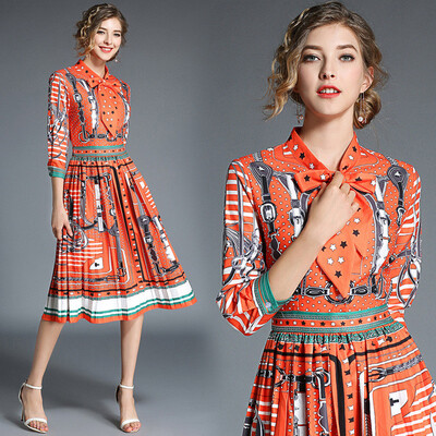 

DFYOP New dress retro print waist pleated skirt