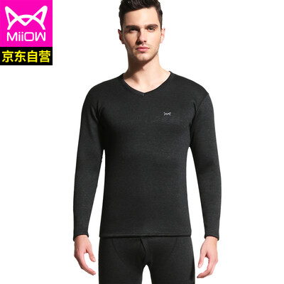 

Cat people thermal underwear men plus velvet thickening youth round neck autumn clothing long trousers thick section bottoming warm set SQF206001 black gray V-neck 175100