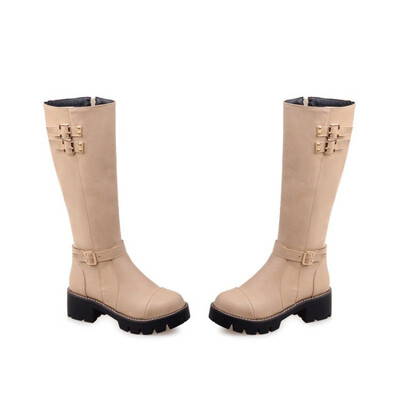 

IDIFU Womens Trendy Buckle Straps Round Toe Side Zipper Block Medium Heel Platform Under the Knee High Boots