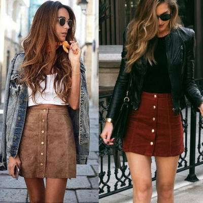 

Women High Waisted Pencil Skirt Bodycon Button Suede Leather Mini Skirt Club UK