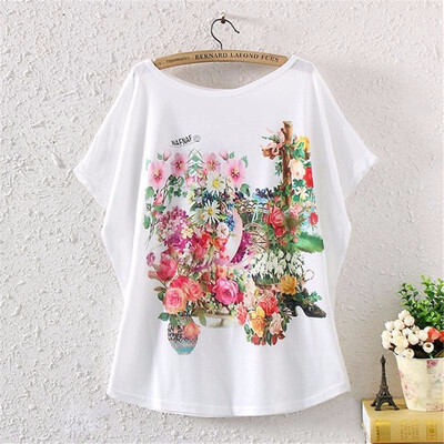 

Vintage Spring Summer Digital Printing Girl Womens Loose Short Batwing Sleeve T-shirt