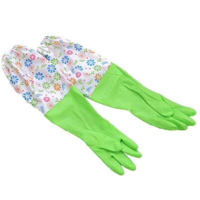 

UpperX Long Sleeve Dishwashing rubber Gloves Cleaning Household Rubber Gloves Keep Warm plush Car Washing GlovesGreen Floral
