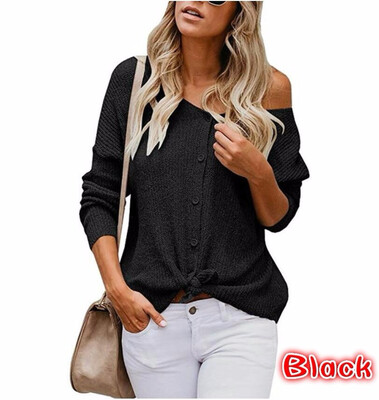 

2018 Womens Long Sleeve Button Up Knits Casual Knot Ties Weaters Sexy Off Shoulder Sweaters