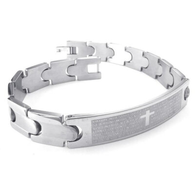 

Hpolw Mens silver Stainless Steel Bolt buttoned Bracelet&geometry Carved with sacred Fu Wen Prayer Cross Bangle