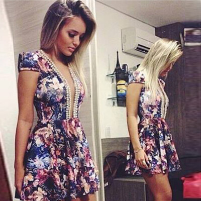 

Lovaru ™ 2015 female fashion floral ladys' wear the deep V pearl get popular caloric of one-piece dress