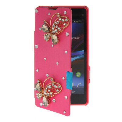 

MOONCASE Rhinestone Crystal Ultre Slim Leather Side Flip Wallet Back ЧЕХОЛ ДЛЯ Sony Xperia Z1 Compact (Mini) Hot pink