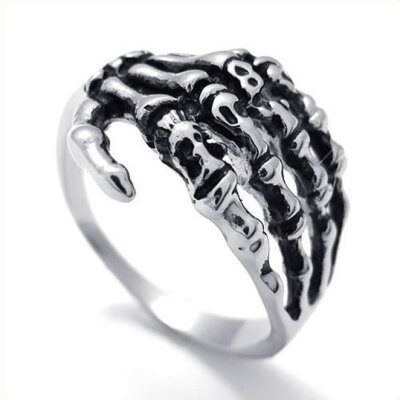 

Hpolw Mens Biker Tribe Gothic New Fashion Silver Plated High Quality Punk Vintage Skeleton Hand Ring Silver& blackWidth 17mm