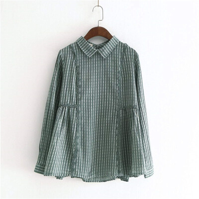 

Sweet sheep retro vertical striped shirt spring dress forked lapel lace coat