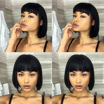 

9A Short Bob Full Lace Human Hair Wigs Bob Straight Brazilian Virgin Hair Wigs with Bangs 130 Density for Women10-14 inches