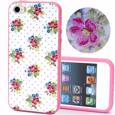 

2 in 1 for iPhone 5 5S Retro Soft Silicone Bling Glitter Flower Cake Leaf Printed Back Skin+Bumper Frame Apple iPhone 5 5S