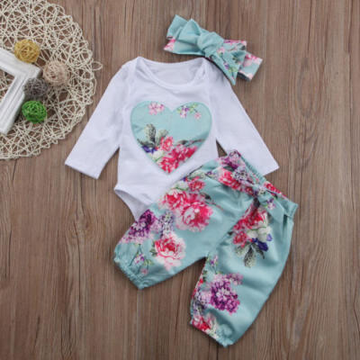 

3pcs Newborn Kid Baby Girl Floral Clothes Jumpsuit Romper Bodysuit Pants Outfits