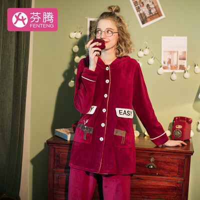

Fen Teng 2018 autumn&winter new coral fleece cartoon hooded long-sleeved casual suede pajamas ladies home service ladies pajamas X98931377 wine red