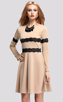 

New Womens Ladies Fashion Long Sleeve O-Neck Lace Floral Empired Waist Bodycon Pleated Splicing Flared Skater Mini Tunic Dress