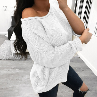 

Autumn Dress Round Neck Long Sleeved Shoulder Dress Pure Color Sweater