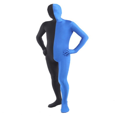 

Mens Full Zentai Bodysuit Mixed Color Spandex Lycra Zentai Tights Suit Left Blue&Right Black Halloween Costume
