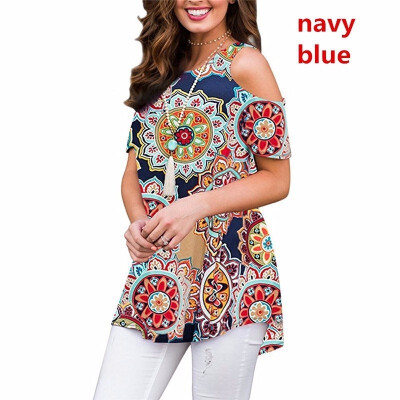 

Women Fashion Floral Printed Off Shoulder T-shirt Casual Short Sleeve Round Neck Loose Blouse Tops Plus Size