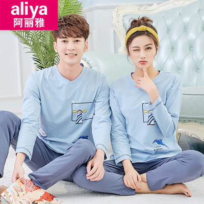 

Aria pajamas women autumn cotton long-sleeved couple pajamas men autumn cotton student ladies home service female autumn suit ALY20022-16 female lake blue lighthouse L