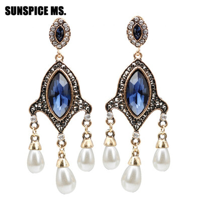 

SUNSPICE MS Indian Retro Vintage Bead Drop Earrings Antique Gold Color Big Crystal Boho Long Dangle Wedding Earrings Jewelry New