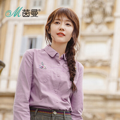 

INMAN 2018 autumn new literary retro romantic embroidered long-sleeved shirt shirt female 18830VP11483 light purple
