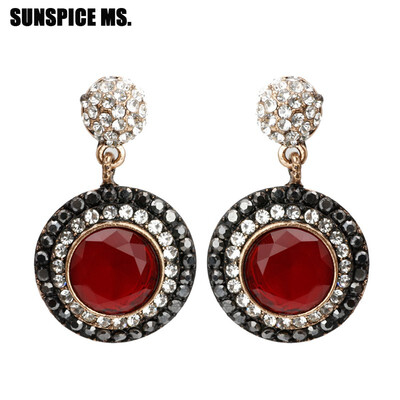 

Fashion Turkish Women Red Crystal Drop Earrings Antique Gold Color Round Stones Full Rhinestones Black Enamel Wedding Jewelry