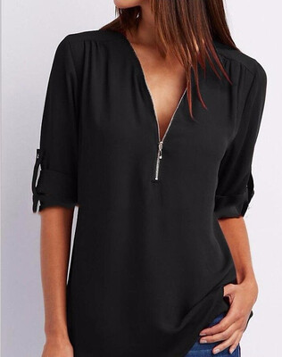 

Plus Size XS-5XL Women Sexy Deep V Neck Chiffon Zipper Shirt Ladies Fashion Casual Long Sleeves Tops Loose Long Shirt Blouse