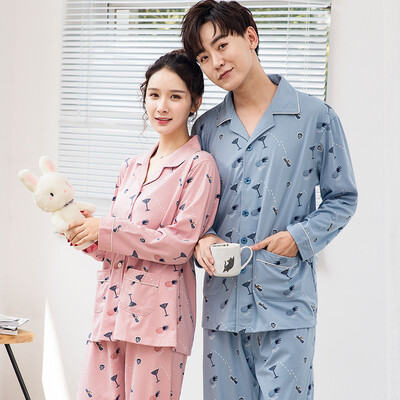 

Dings grate pajamas men&women spring&autumn winter long-sleeved cotton couple models lapel can wear outside home service casual cardigan suit J4881 blue