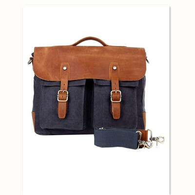 

Retro Crazy Horse Leather Canvas Mens Leather Crossbody Messenger Bag Blue