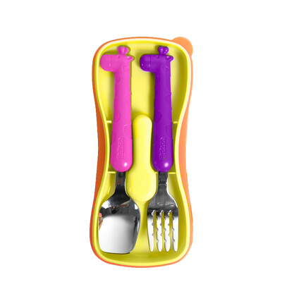 

Korea Edison childrens tableware baby spoon fork set childrens stainless steel fork spoon set giraffe series big children models powder purple 4 years old